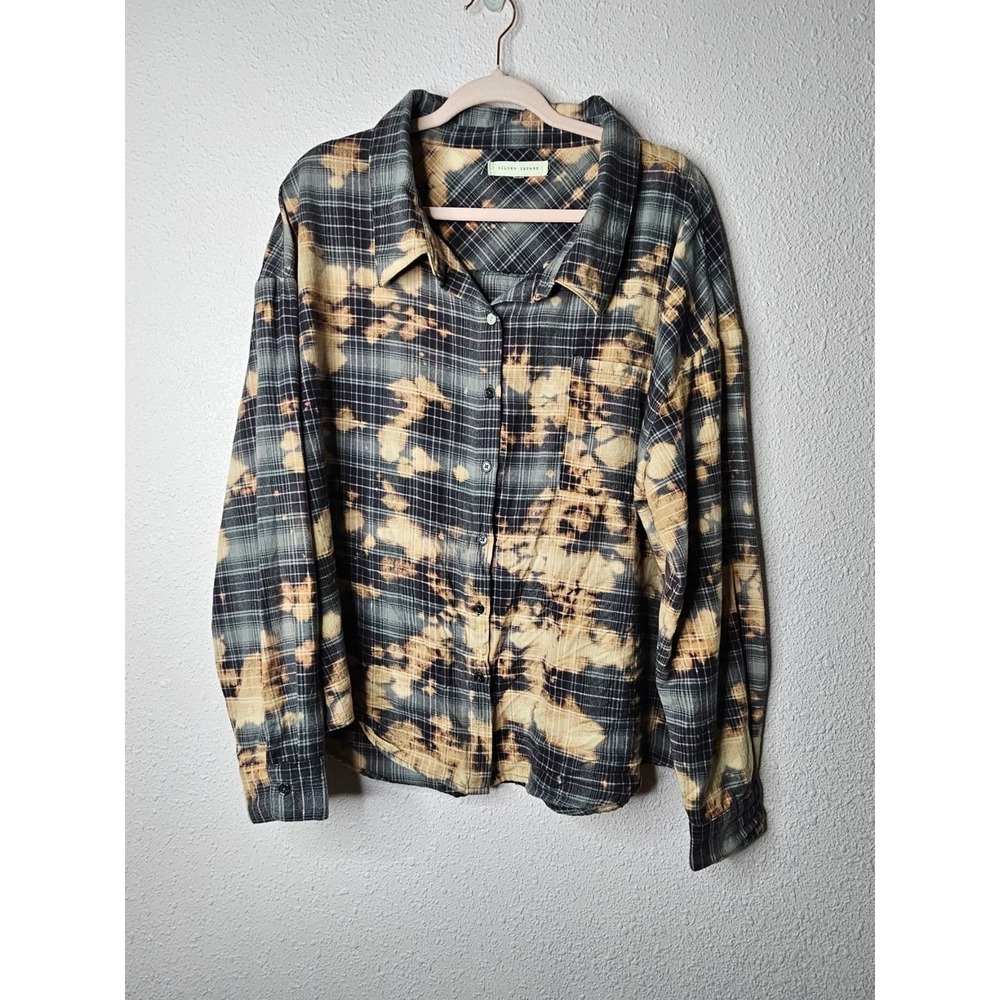 Gilded Intent Womens Splatter Plaid Flannel Button Shirt Grey Cotton XL Soft